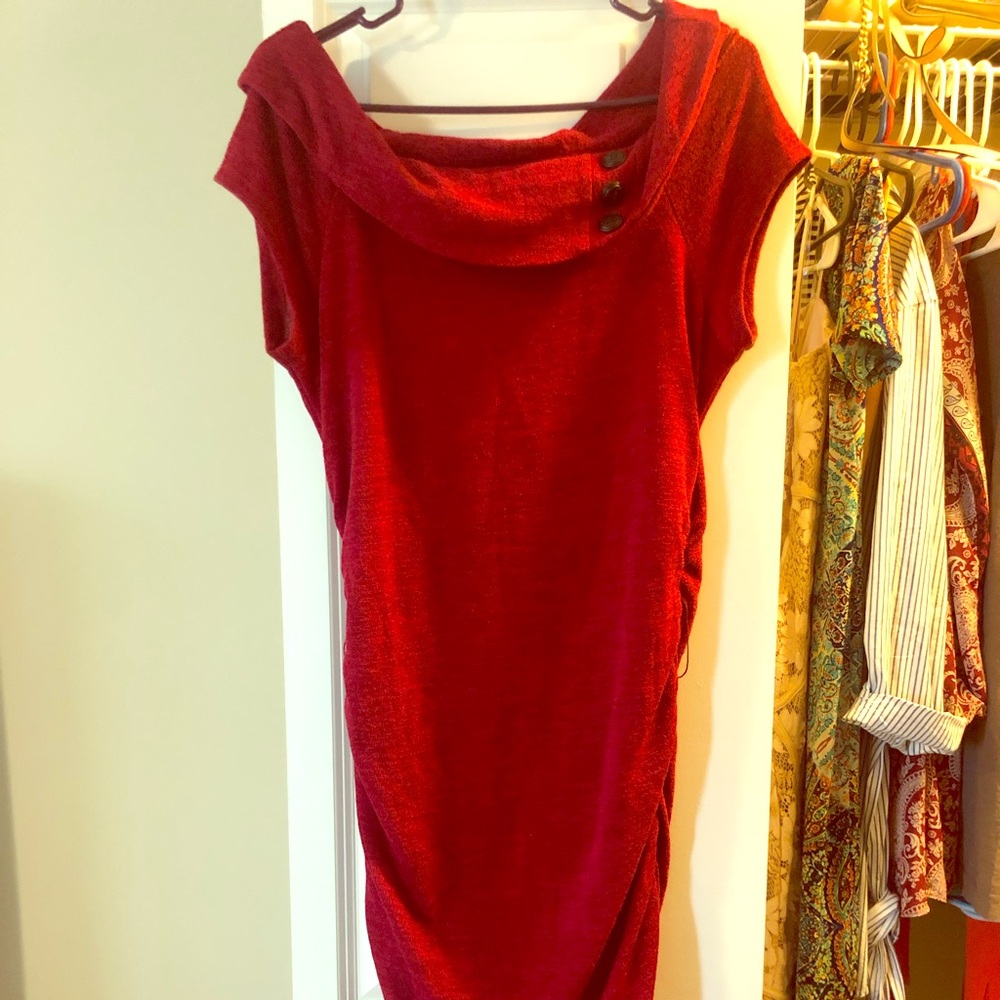 Red, ruched, off the shoulder dress